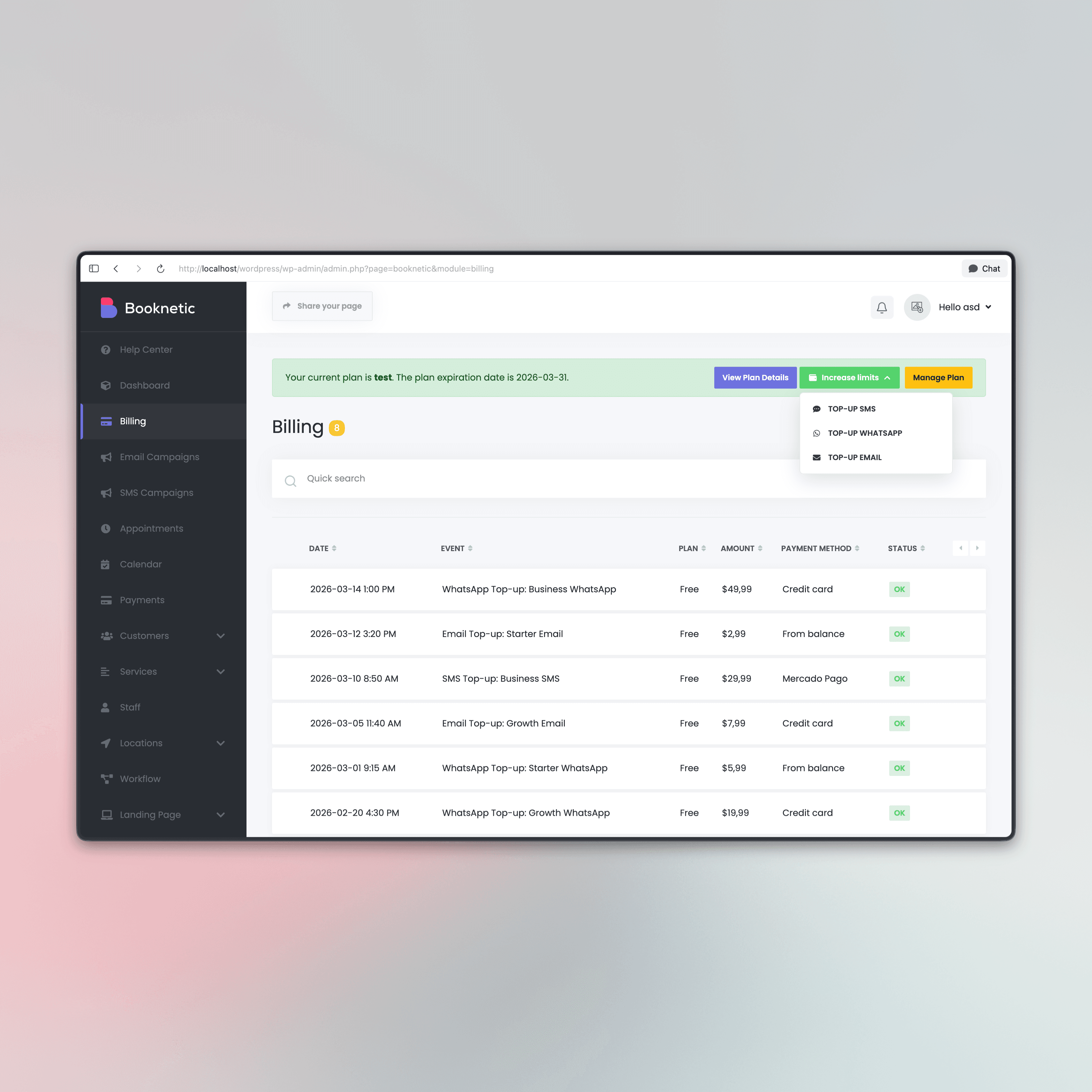 Credit Topup for Booknetic SaaS — screenshot 1