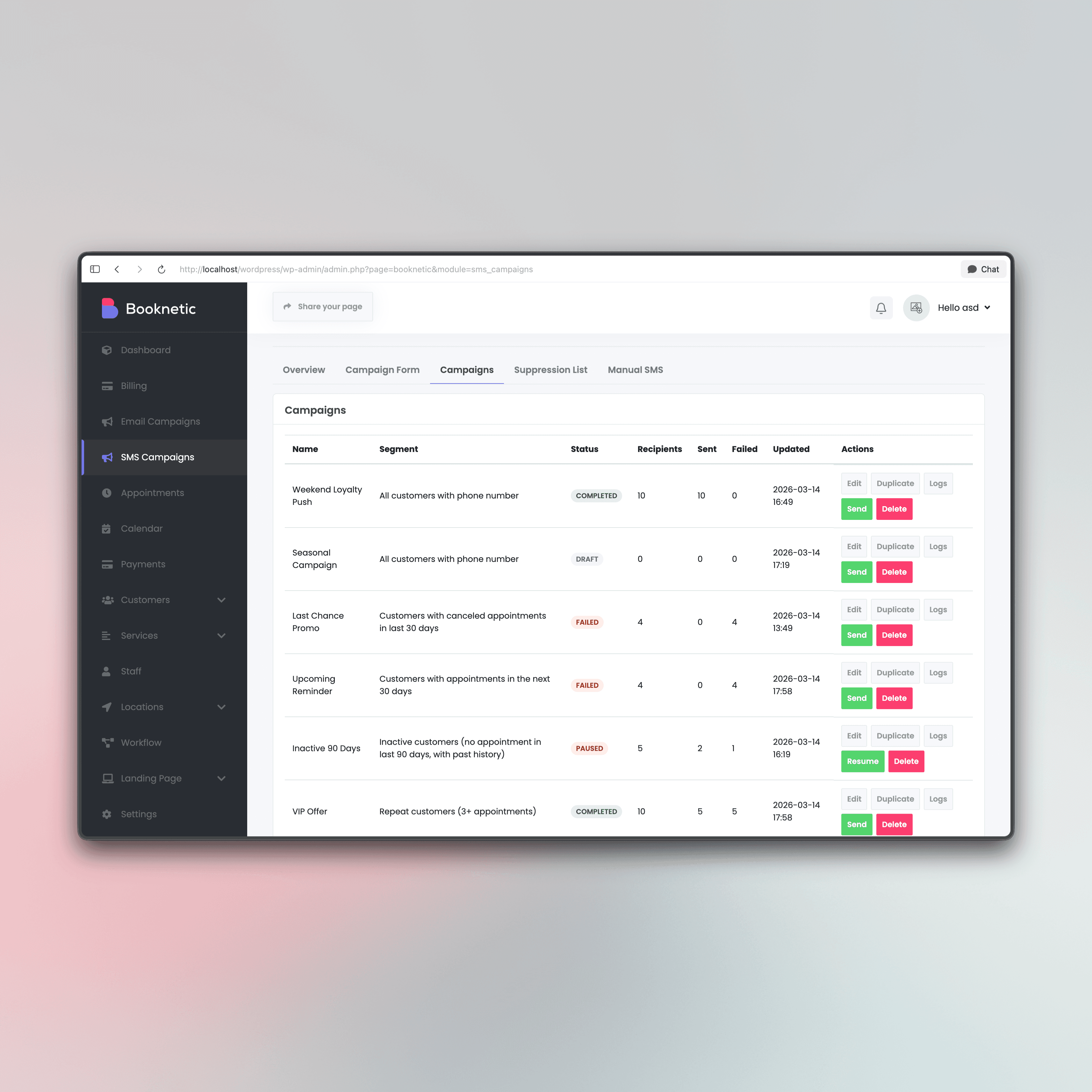 SMS Campaigns for Booknetic — screenshot 1